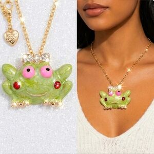 Gold plated crystal bow pink and Green frog necklace/brooch
